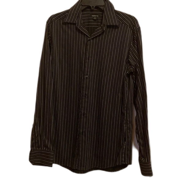 Claiborne Mens Black White Grey Striped Dress Button Up Shirt Size 15 No Iron - Picture 1 of 6